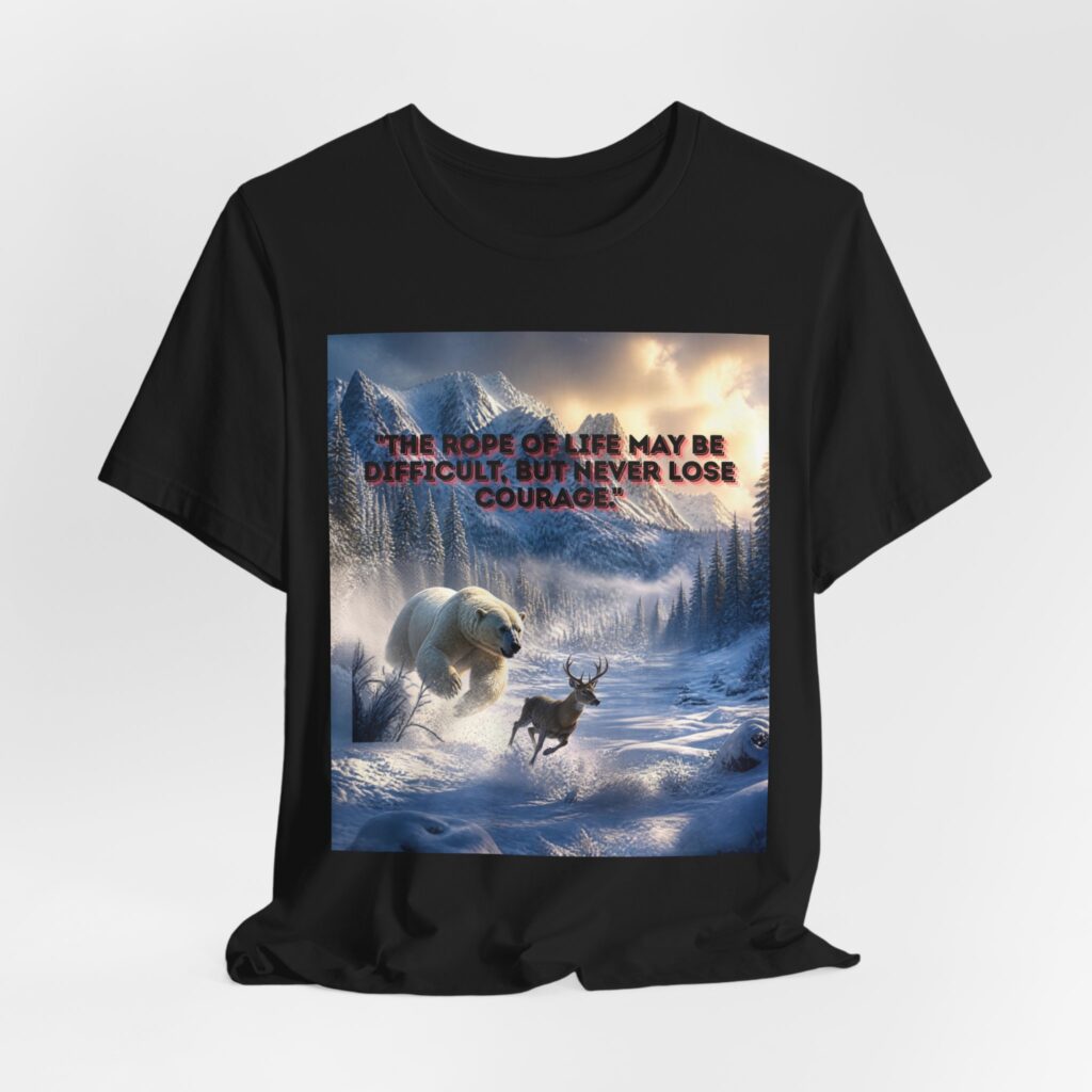 Polar Bear & Reindeer Winter Scene Tee — "The Hope of Life May Be Difficult, But Never Lose Courage"