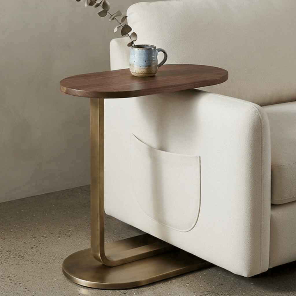 Handcrafted wooden oval C-shaped side table slid over a sofa armrest in a living room